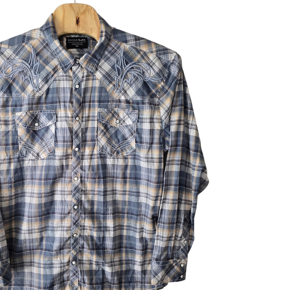 Buckle Black Mens 2XL Athletic Fit Western Pearl Snap Plaid Embroidered Shirt